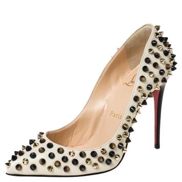 Pre Owned Christian Louboutin Cream Leather Follies Spikes Pumps Size 35