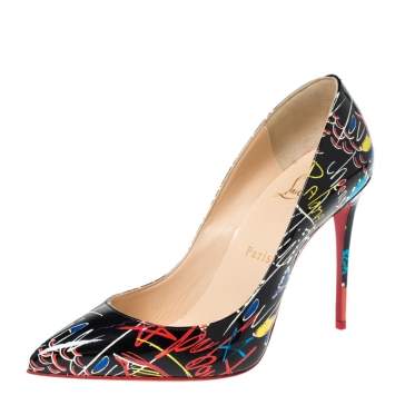 Pre Owned Christian Louboutin Black Loubitag Graffiti Patent Leather So Kate Pointed Toe Pumps Size 36.5