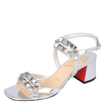 Pre Owned Christian Louboutin Silver Patent Leather Galerietta Block Heel Sandals Size 37