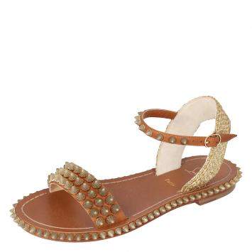 Pre Owned Christian Louboutin Beige Cordorella Spiked Flat Leather Sandals Size 38
