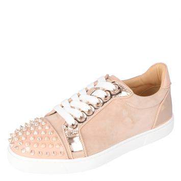 Pre Owned Christian Louboutin Pink Patent Leather and Suede Vieira Spikes Low-Top Sneakers Size 37