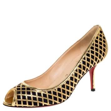 Pre Owned Christian Louboutin Gold Cutout Leather And Black Satin Peep Toe Pumps Size 37