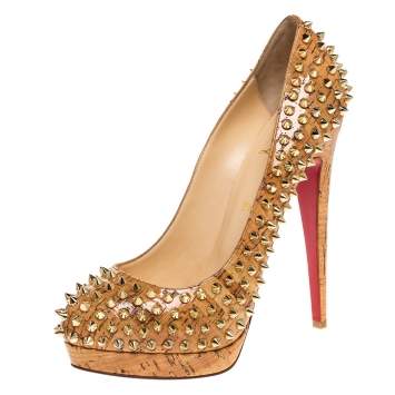 Pre Owned Christian Louboutin Beige Patent Leather Cork Alti Spike Platform Pumps Size 40
