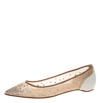 مملوكة مسبقًا Christian Louboutin White Mesh And Leather Follies Strass Ballet Flats Size 37.5