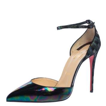 Pre Owned Christian Louboutin Multicolor Glitter Suede And Patent Leather Uptown Ankle Strap Sandals Size 39