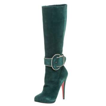 مملوكة مسبقًا Christian Louboutin Green Suede 'Trotte Avec Moi' Knee High Platform Boots Size 38.5