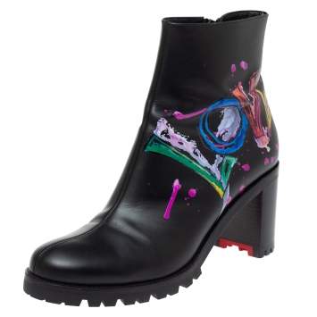 مملوكة مسبقًا Christian Louboutin Black Love Print Leather Ankle Boots Size 39.5