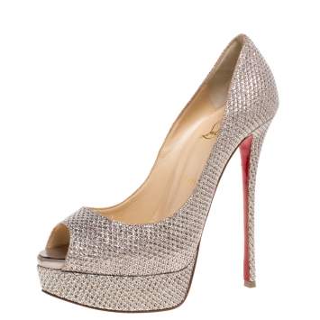 Pre Owned Christian Louboutin Silver Shimmery Fabric Lady Peep Toe Platform Pumps Size 39.5