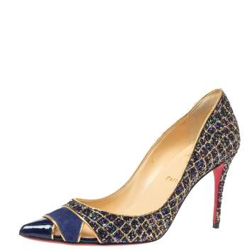 Pre Owned Christian Louboutin Blue Glitter Cut Out Pointed Toe Pumps Size 39