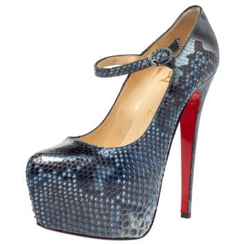 Pre Owned Christian Louboutin Grey/Blue Python Leather Mary Jane Platform Pumps Size 38
