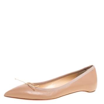 Pre Owned Christian Louboutin Beige Leather Bow Pointed Toe Ballet Flats Size 37.5