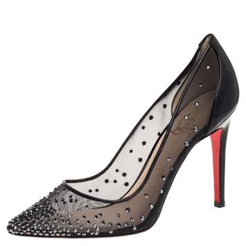 Pre Owned Christian Louboutin Black Mesh And Patent Leather Follies Strass Pointed Toe Pumps Size 39