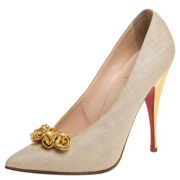 Pre Owned  Christian Louboutin Beige Coated Raffia Gold Lola Flores Pumps Size 39