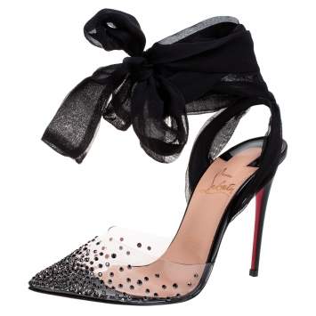 Pre Owned Christian Louboutin PVC and Lace Spikaqueen Studded Accents Wrap Up Pumps Size 37