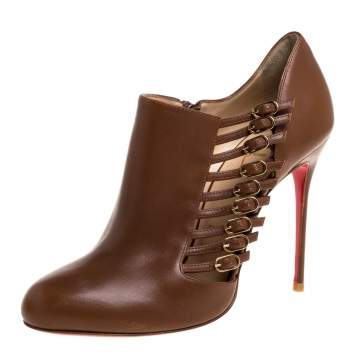 Pre Owned Christian Louboutin Brown Leather Safety 100 Buckle Detail Ankle Booties Size 39