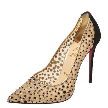 Pre Owned Christian Louboutin Beige/Black Mesh And Suede Leather Follies Lace Pointed Toe Pumps Size 38.5