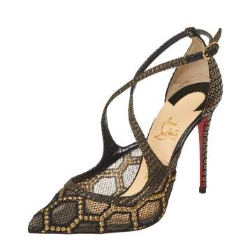 Pre Owned Christian Louboutin Black/Gold Fabric And Mesh Twistissima Crisscross Pumps Size 37.5