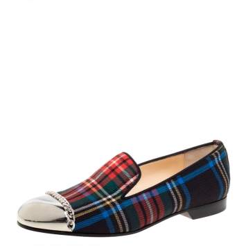 Pre Owned Christian Louboutin Multicolor Fabric Rollergirl Chain-Link Slip On Loafers Size 36.5