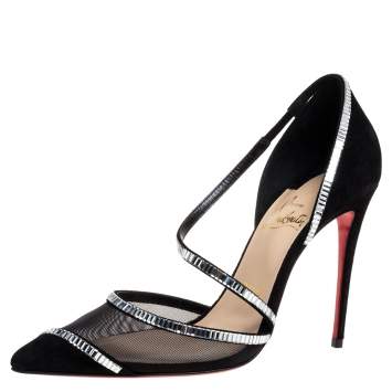 Pre Owned Christian Louboutin Black Mesh And Suede Chiara Crystal Embellished Pumps Size 37