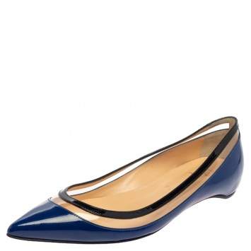 Pre Owned Christian Louboutin Blue/Black Patent Leather And PVC Paulina Pointed Toe Flats Size 37.5
