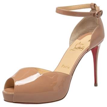 Pre Owned Christian Louboutin Beige Patent Leather Round Chick Alta Ankle Strap Sandals Size 38