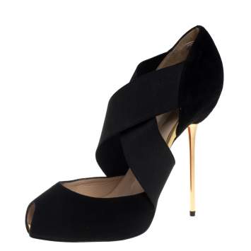 Pre Owned Christian Louboutin Black Suede And Elastic Big Dorcet Peep Toe Pumps Size 38.5