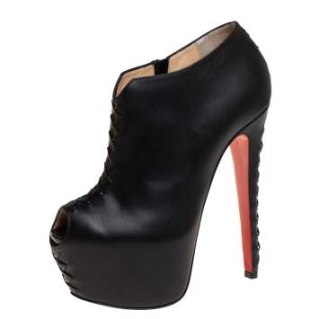 Pre Owned Christian Louboutin Black Leather Recouzetta Peep Toe Platform Booties Size 38