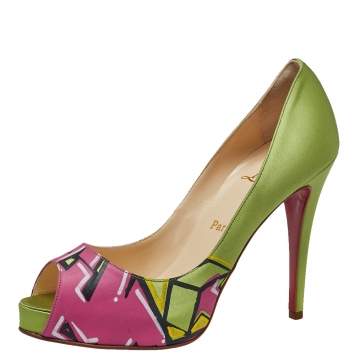 Pre Owned Christian Louboutin Green/Pink Satin New Prive Peep Toe Pumps Size 39