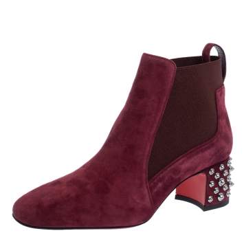 Pre Owned Christian Louboutin Burgundy Suede Study Block Heel Ankle Boots Size 37.5