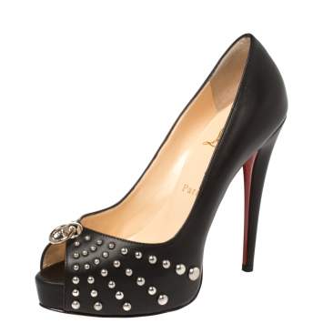 Pre Owned Christian Louboutin Black Leather Vendo Knock Studded Platform Peep Toe Pumps Size 38.5