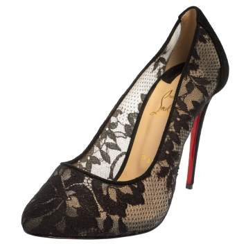 Pre Owned Christian Louboutin Black Lace And Suede Pigalace Pointed Toe Pumps Size 38.5