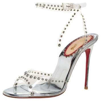 Pre Owned Christian Louboutin Silver Leather And PVC  Ankle Strap Sandals Size 38.5
