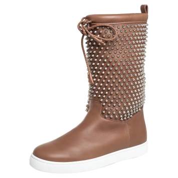 Pre Owned Christian Louboutin Brown Leather Surlapony Spiked Mid Calf Boots Size 41.5