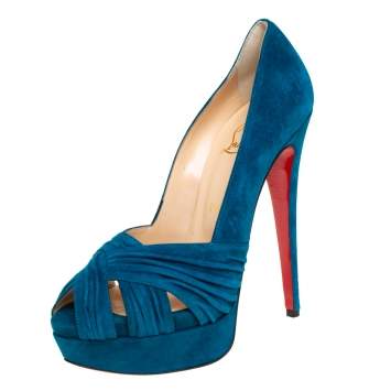 Pre Owned Christian Louboutin Blue Suede Aborina Pumps Size 38.5
