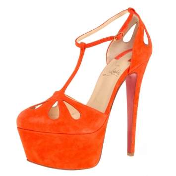 Pre Owned Christian Louboutin Orange Suede T-Strap Mayada Platform Sandals Size 36.5