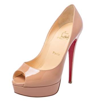 Pre Owned Christian Louboutin Beige Patent Leather Lady Peep Toe Platform Pumps Size 38.5