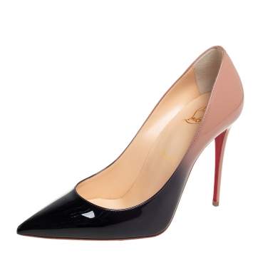 Pre Owned Christian Louboutin Beige/Black Patent Leather Kate 100 Pointed Toe Pumps Size 38