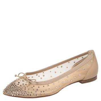 Pre Owned Christian Louboutin Beige Mesh And Leather Strass Patio Ballet Flats Size 35.5