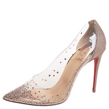 Pre Owned Christian Louboutin White/Pink Glitter And PVC Degrastrass Crystal Embellished Pumps Size 39