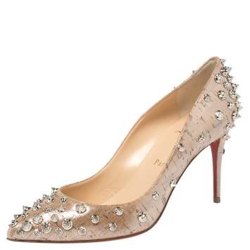 Pre Owned Christian Louboutin Beige Cork Print Fabric Aimantaclou Pumps Size 37.5