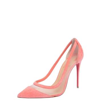 Pre Owned Christian Louboutin Peach Mesh And Suede Galativi Pointed Toe Pumps Size 39.5