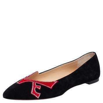 Pre Owned Christian Louboutin Black Suede Love Strass Ballet Flats Size 39