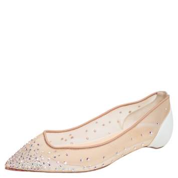 Pre Owned Christian Louboutin Beige Embellished Net And Leather Follies Strass Pointed Toe Ballet Flats Size 38