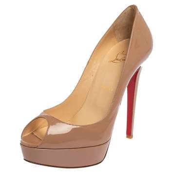 Pre Owned Christian Louboutin Beige Patent Leather Banana Peep Toe  Pumps Size 39.5