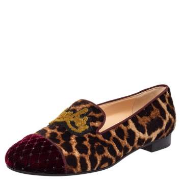 Pre Owned Christian Louboutin Brown Leopard Print Pony My Love Velvet Smoking Slippers Size 37