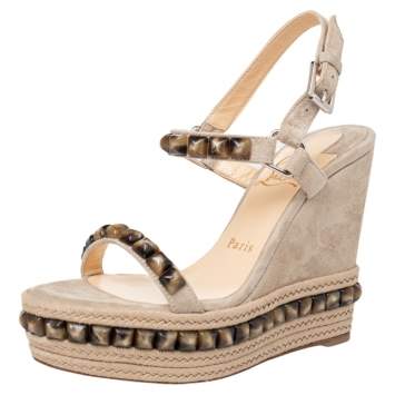 Pre Owned Christian Louboutin Beige Suede Beads Cataclou Wedge Ankle Strap Sandals Size 36