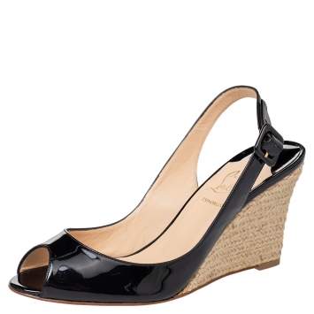 Pre Owned Christian Louboutin Black Patent Leather Puglia Espadrilles Wedge Peep Toe Slingback Sandals Size 39