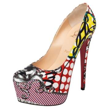 Pre Owned Christian Louboutin Multicolor Loubi Print Fabric Daffodile Platform Pumps Size 40