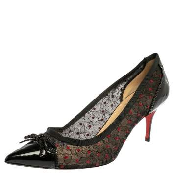 Pre Owned Christian Louboutin Black Lace and Patent Leather Souris Bow Pointed Toe Pumps Size 41