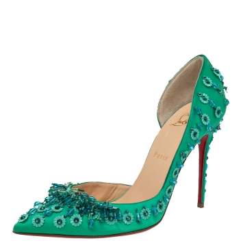 Pre Owned Christian Louboutin Green Satin Brodiriza Embellished D'orsay Pumps Size 39